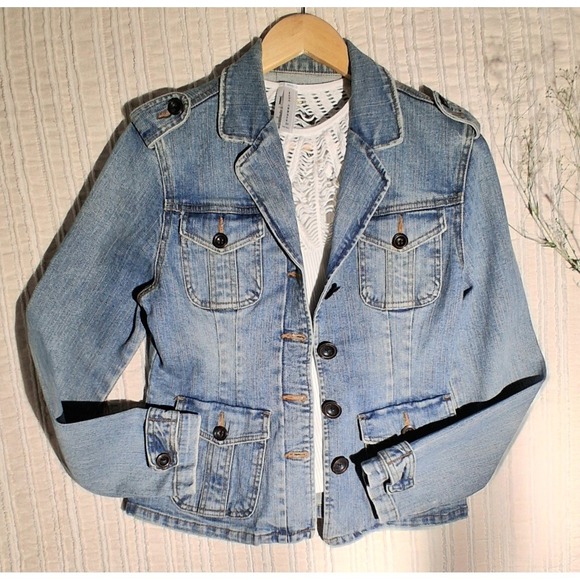 Y2k STAR Light Wash Denim Jacket Women's Button Front Military Style Jean Coat - Picture 14 of 17